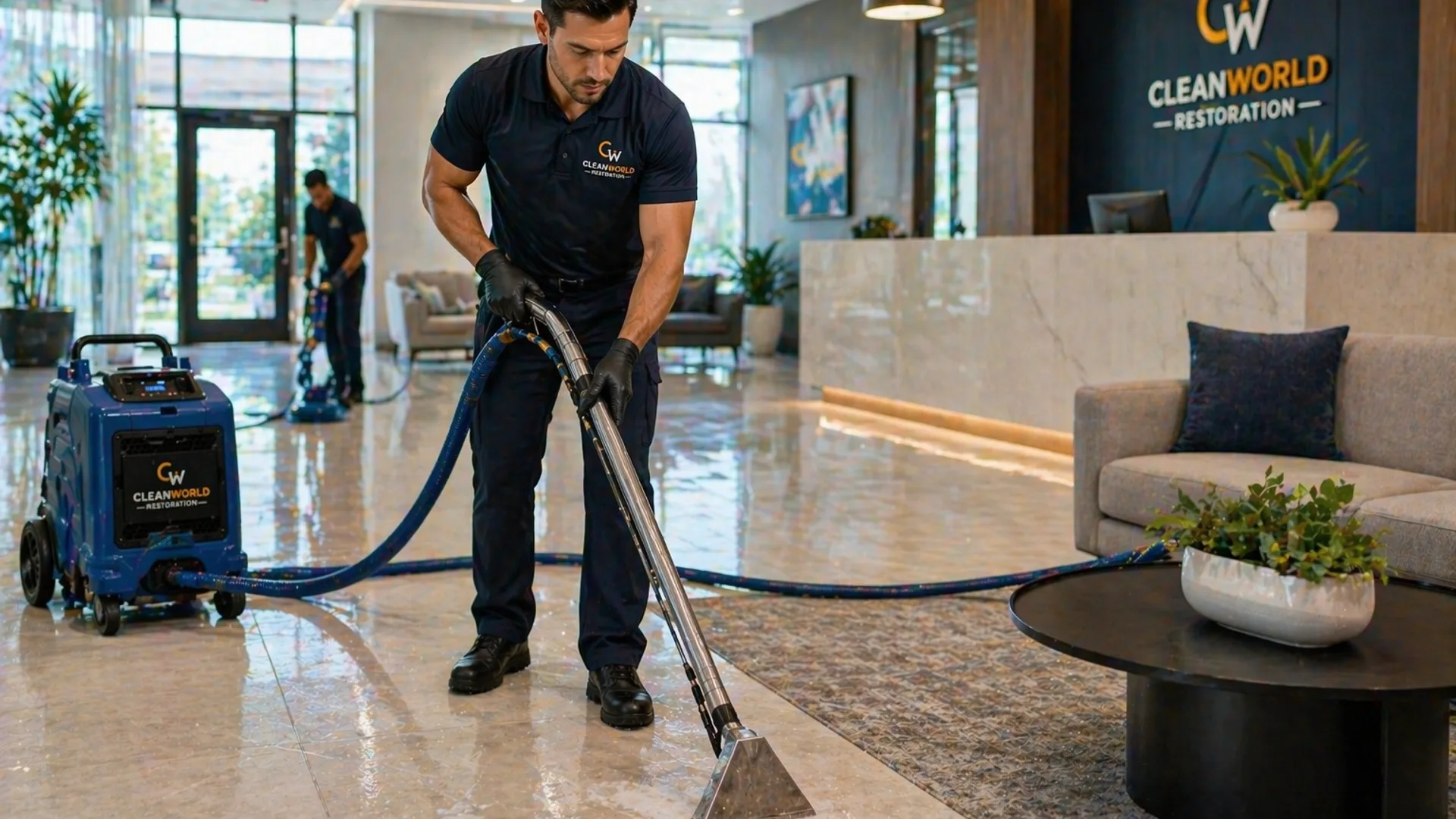Water extraction and cleaning equipment in a commercial interior